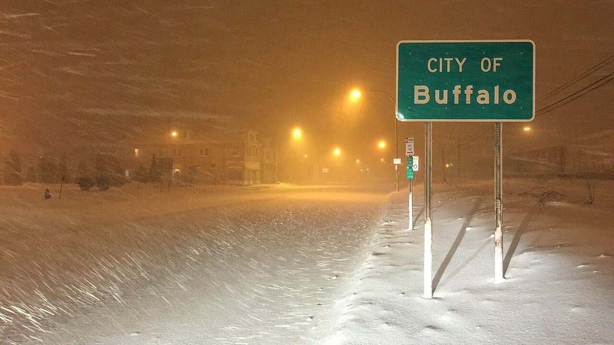 A City of Buffalo sign in a whiteout snowstorm at night during the November 2014 Snowvember lake-effect event