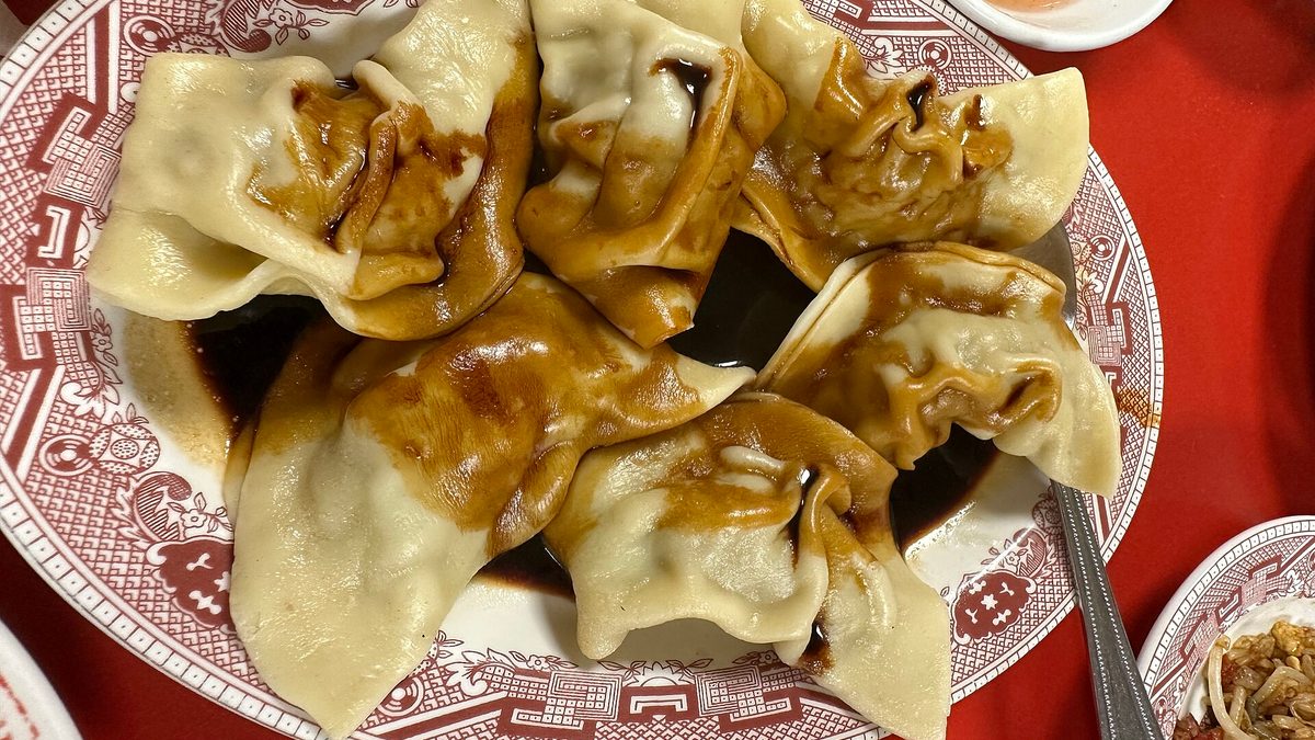 Steamed dumplings drizzled with dark sauce, plated on a patterned dish