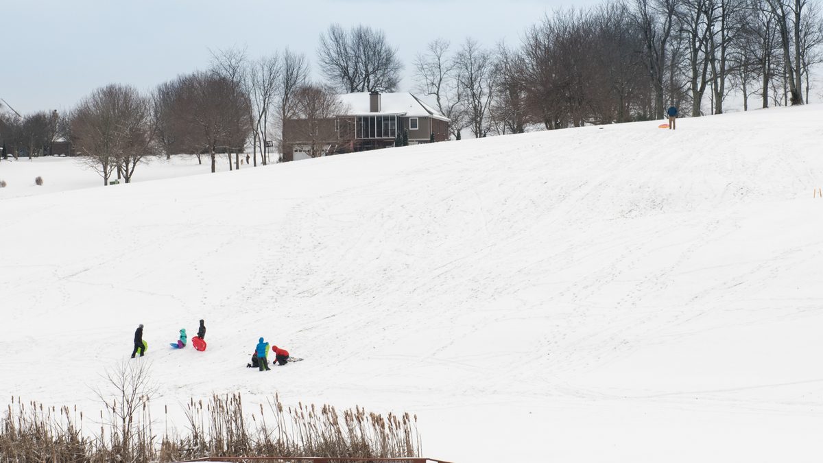Children sledding down a snow-covered hill in Kentucky, with a house and bare trees in the background